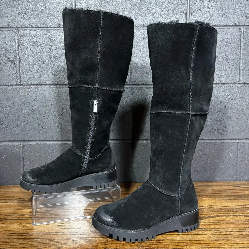 Bionica Black Suede Shearling Knee High Lug Sole Winter Boots Women’s 7.5